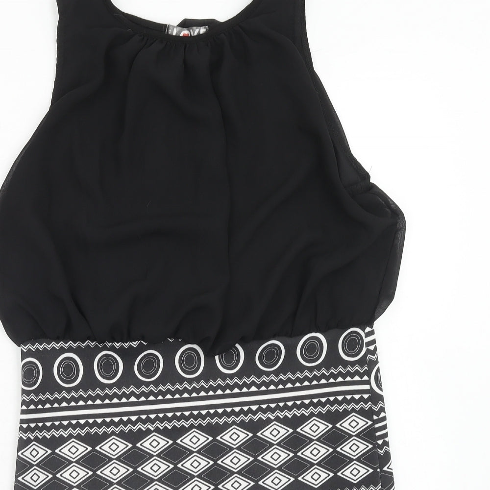 First Love Womens Black Geometric Polyester Shift Size 14 Round Neck Pullover