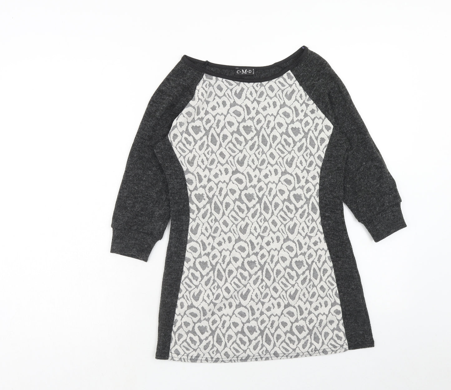 CMD Womens Grey Geometric Polyester Basic Blouse Size 10 Round Neck - Lace Detail