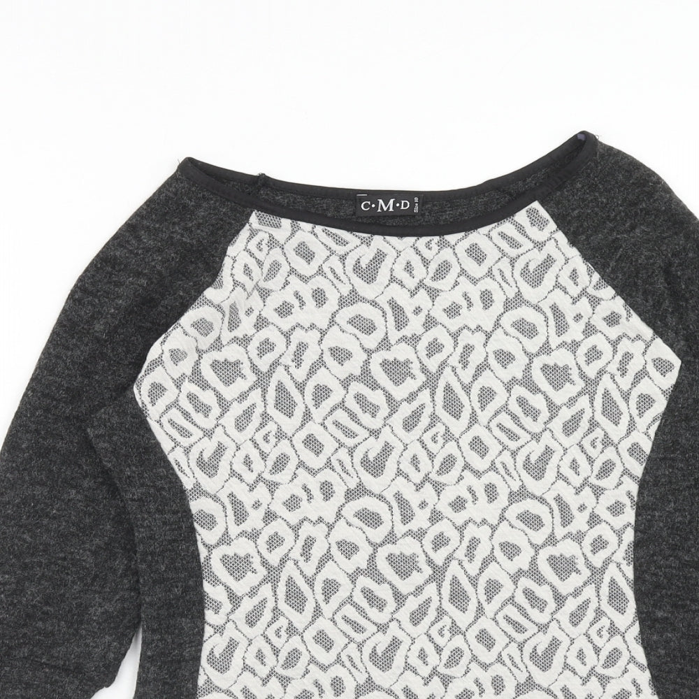 CMD Womens Grey Geometric Polyester Basic Blouse Size 10 Round Neck - Lace Detail