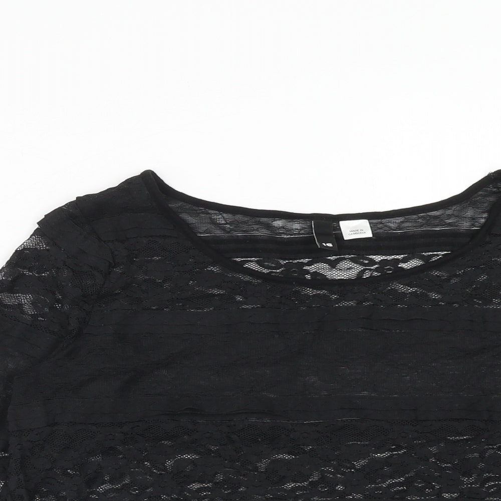 H&M Womens Black Geometric Polyamide Basic Blouse Size 16 Round Neck