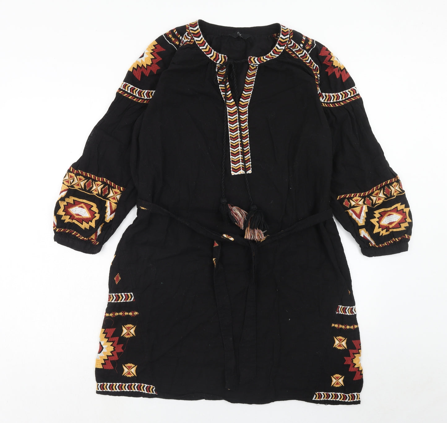 NEXT Womens Black Geometric Cotton A-Line Size M V-Neck Tie