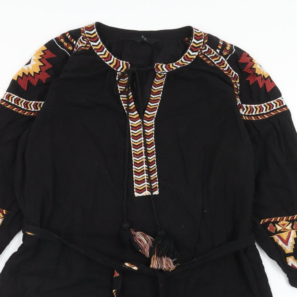 NEXT Womens Black Geometric Cotton A-Line Size M V-Neck Tie