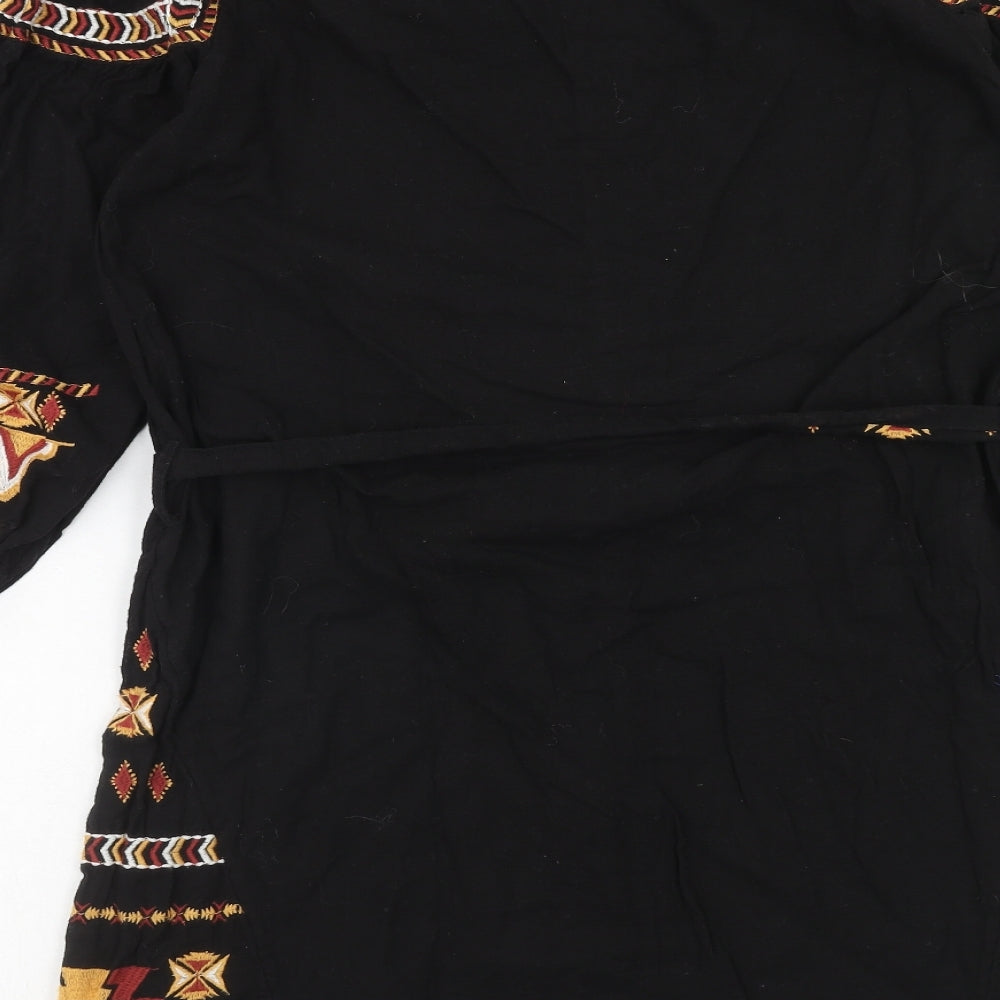 NEXT Womens Black Geometric Cotton A-Line Size M V-Neck Tie