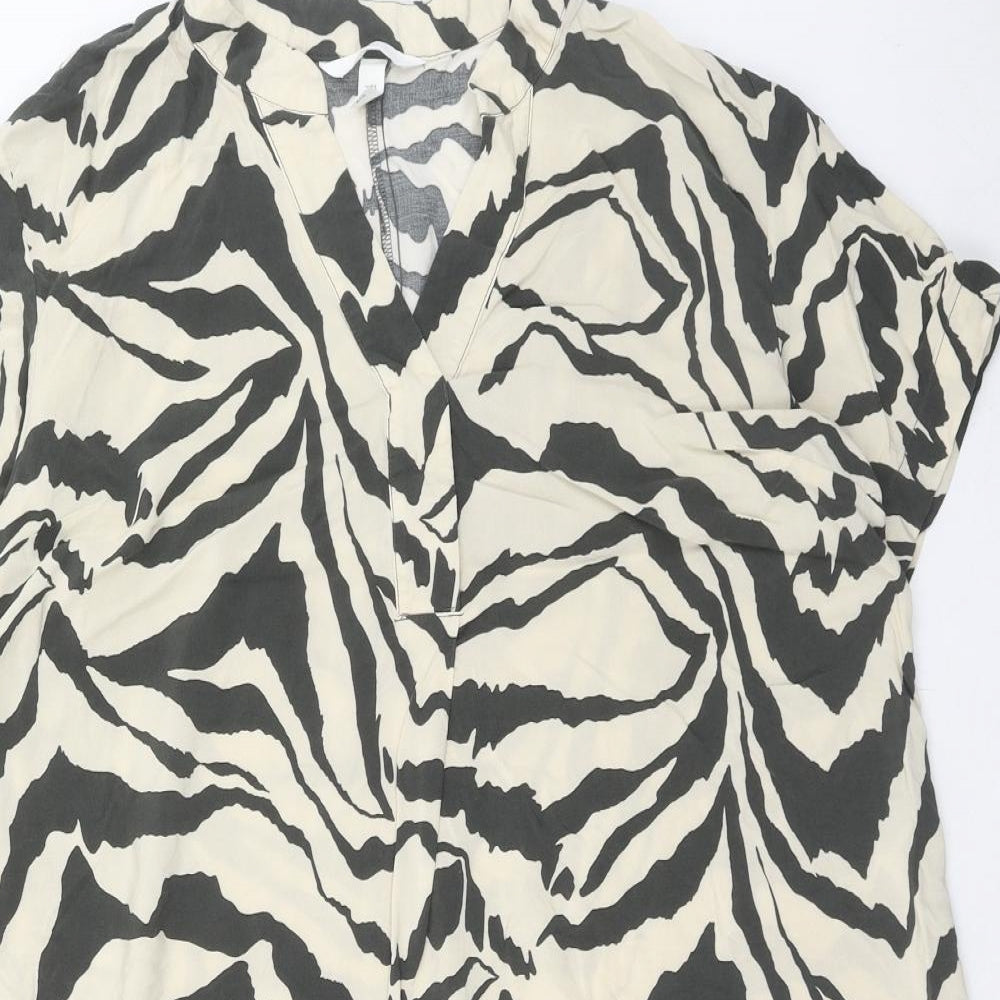 H&M Womens Brown Geometric Viscose Shirt Dress Size S V-Neck Pullover