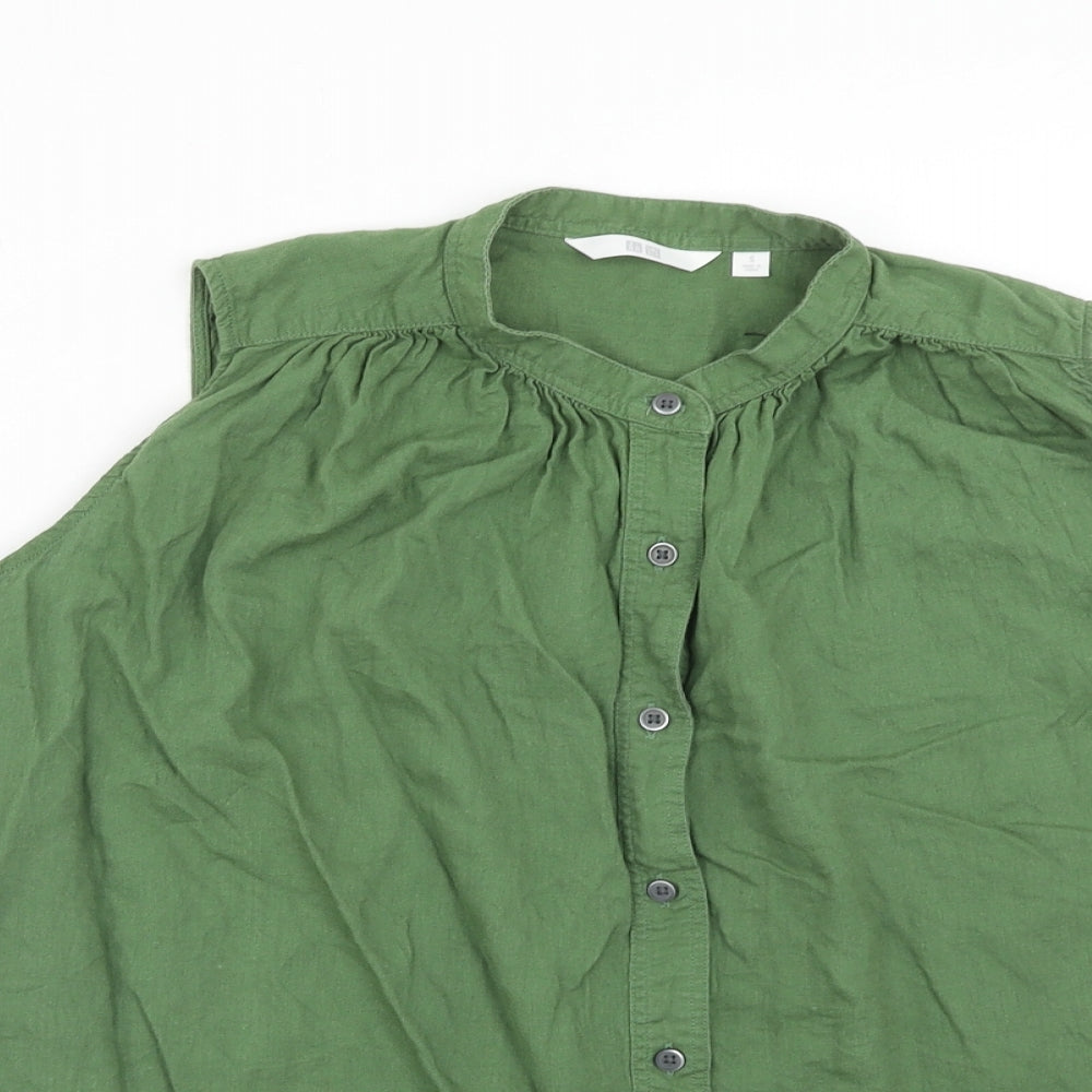Uniqlo Womens Green Linen Basic Button-Up Size S Round Neck