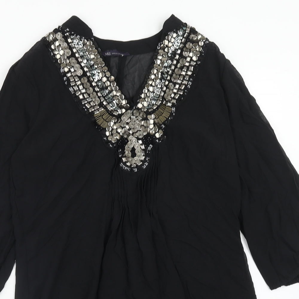 Marks and Spencer Womens Black Polyester Basic Blouse Size 12 V-Neck