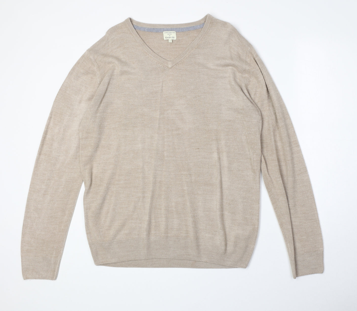 Matalan Mens Beige V-Neck Acrylic Pullover Jumper Size L Long Sleeve