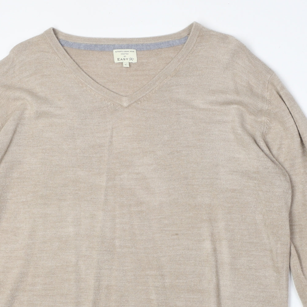 Matalan Mens Beige V-Neck Acrylic Pullover Jumper Size L Long Sleeve