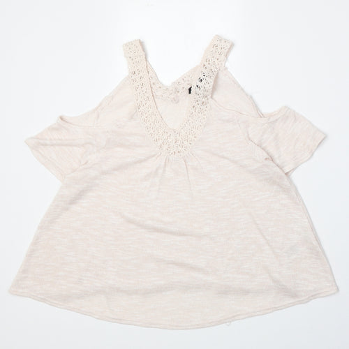 New Look Womens Pink Viscose Basic T-Shirt Size 8 V-Neck - Crocheted Lace Detail Cold Shoulder
