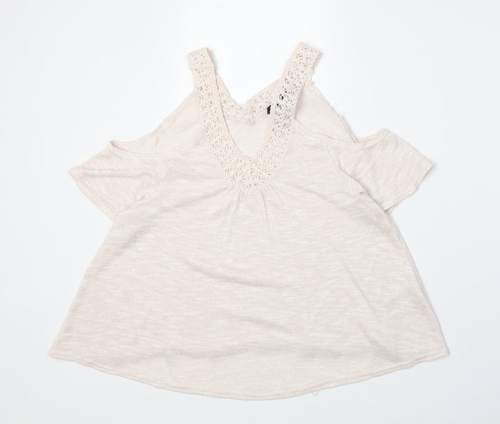 New Look Womens Pink Viscose Basic T-Shirt Size 8 V-Neck - Crocheted Lace Detail Cold Shoulder