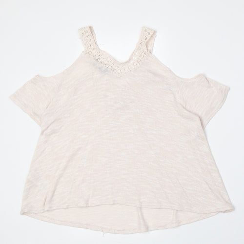 New Look Womens Pink Viscose Basic T-Shirt Size 8 V-Neck - Crocheted Lace Detail Cold Shoulder