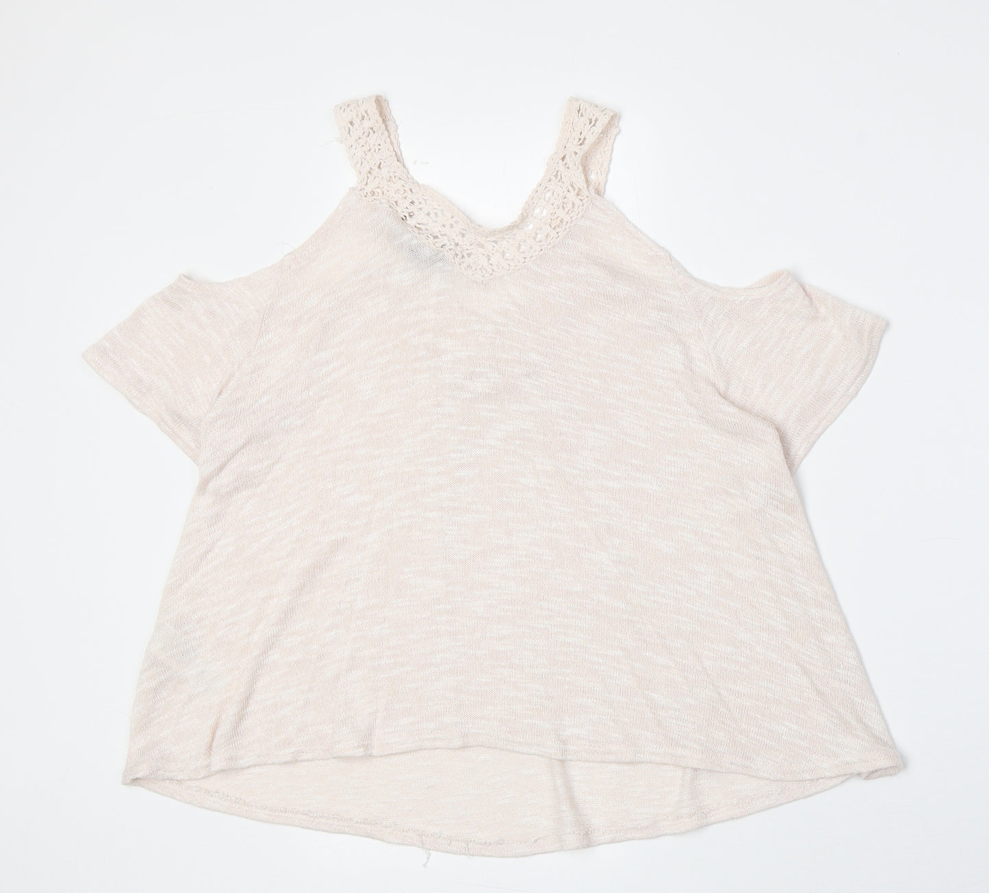 New Look Womens Pink Viscose Basic T-Shirt Size 8 V-Neck - Crocheted Lace Detail Cold Shoulder
