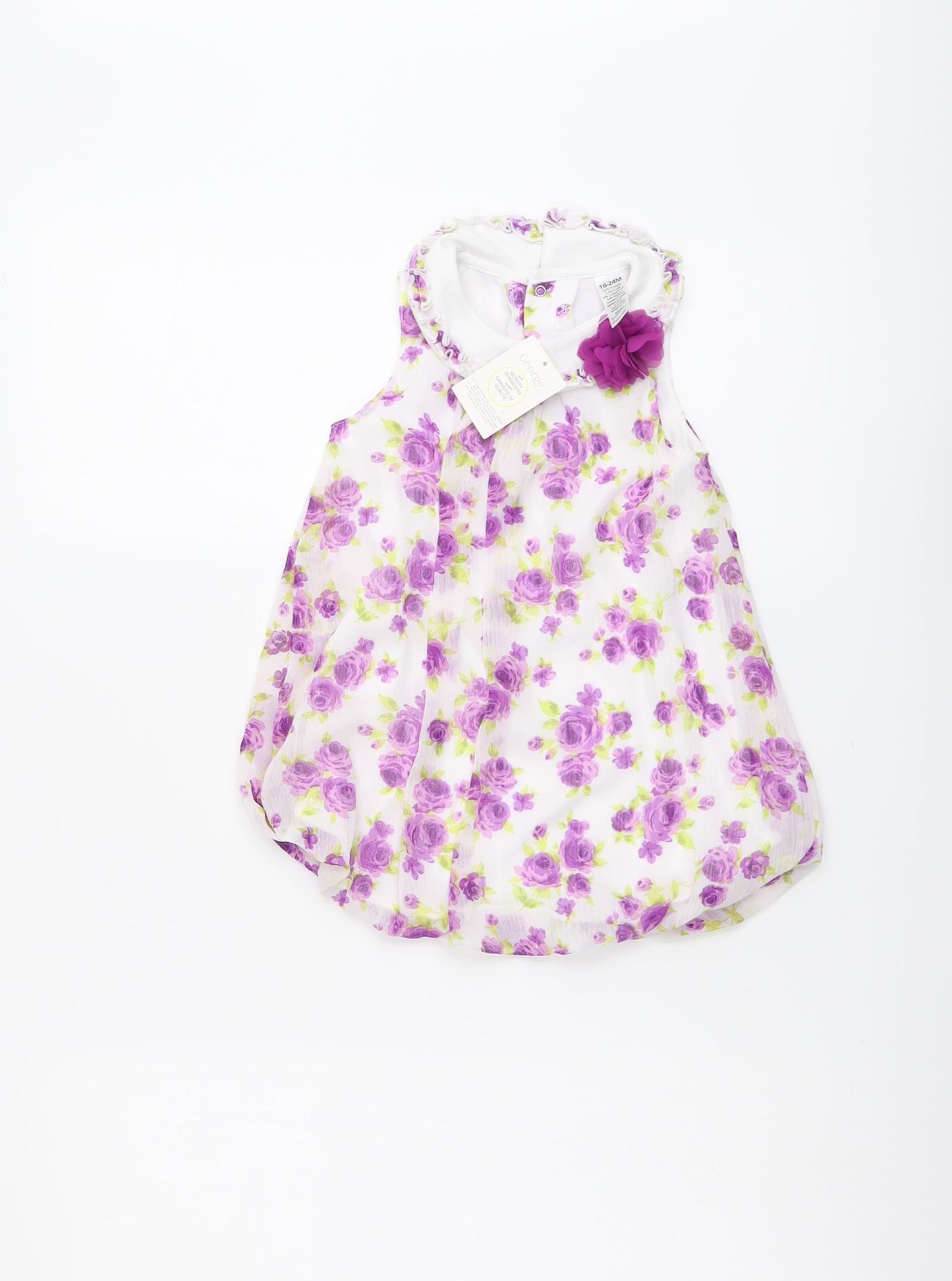 George Girls White Floral Polyester A-Line Size 18-24 Months Round Neck Snap