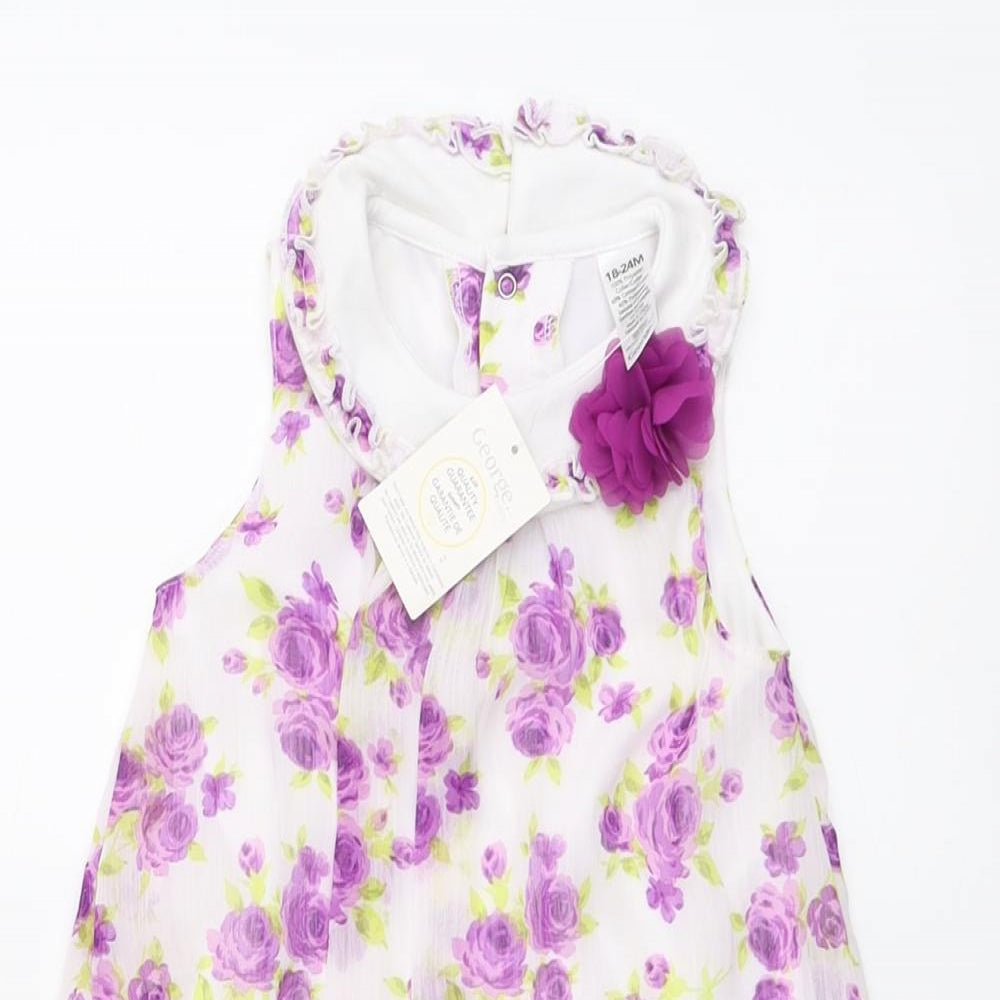 George Girls White Floral Polyester A-Line Size 18-24 Months Round Neck Snap
