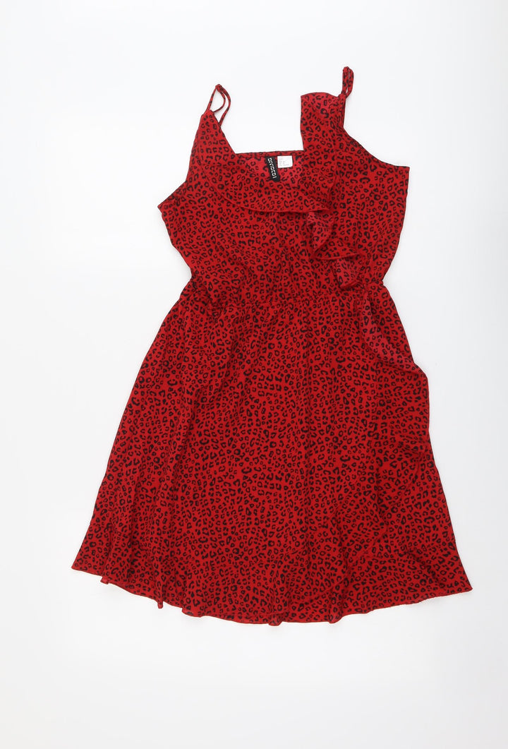 H&M Womens Red Animal Print Polyester A-Line Size 8 V-Neck Pullover - Leopard Print