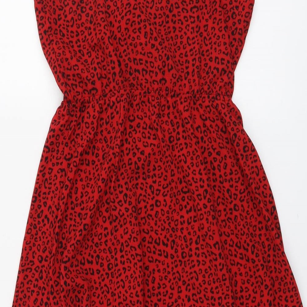 H&M Womens Red Animal Print Polyester A-Line Size 8 V-Neck Pullover - Leopard Print