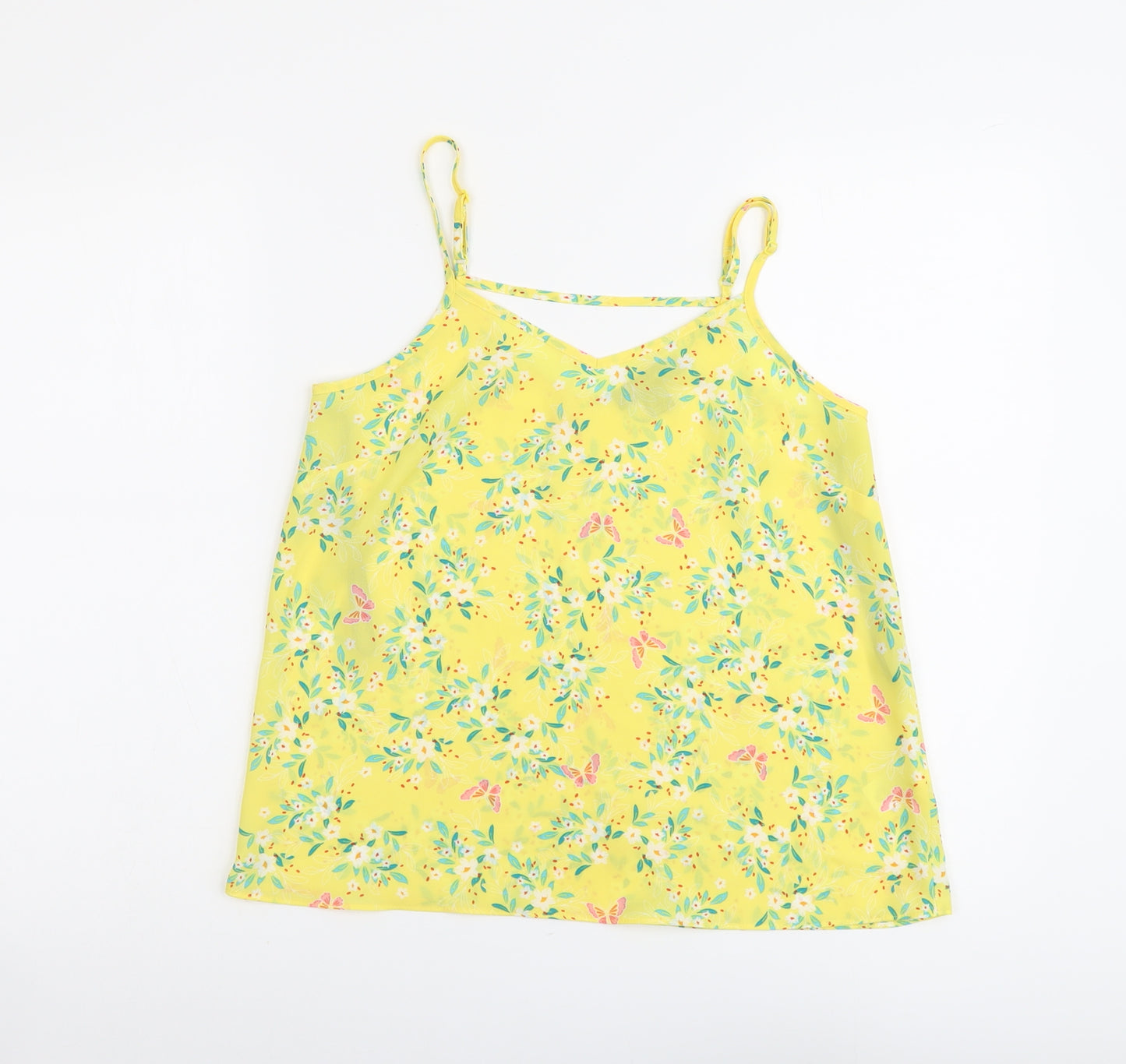 Primark Womens Yellow Floral Polyester Basic Tank Size 8 V-Neck