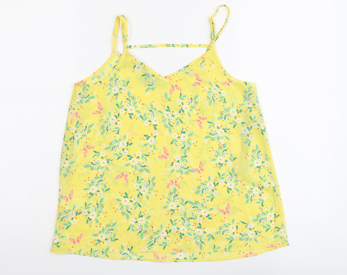 Primark Womens Yellow Floral Polyester Basic Tank Size 8 V-Neck