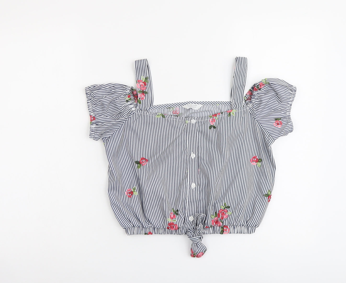 Primark Girls Blue Striped Polyester Basic Blouse Size 12-13 Years Boat Neck Button - Flower