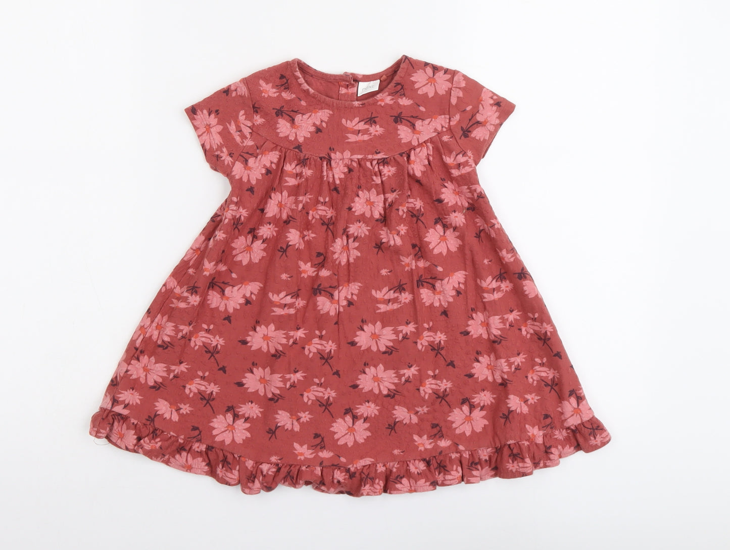 NEXT Girls Pink Floral Cotton A-Line Size 2 Years Round Neck Button