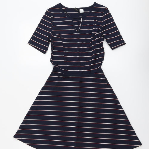 H&M Womens Blue Striped Polyester T-Shirt Dress Size 4 V-Neck Pullover