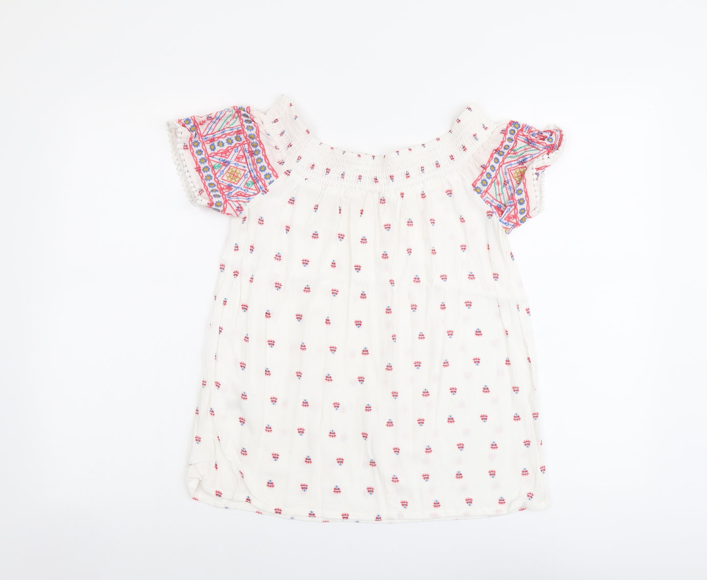 Falmer Heritage Womens White Geometric Viscose Basic Blouse Size 8 Boat Neck