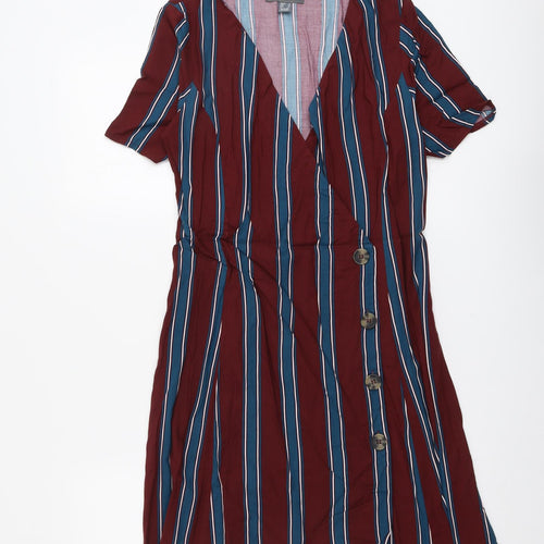 Primark Womens Red Striped Viscose A-Line Size 8 V-Neck Button
