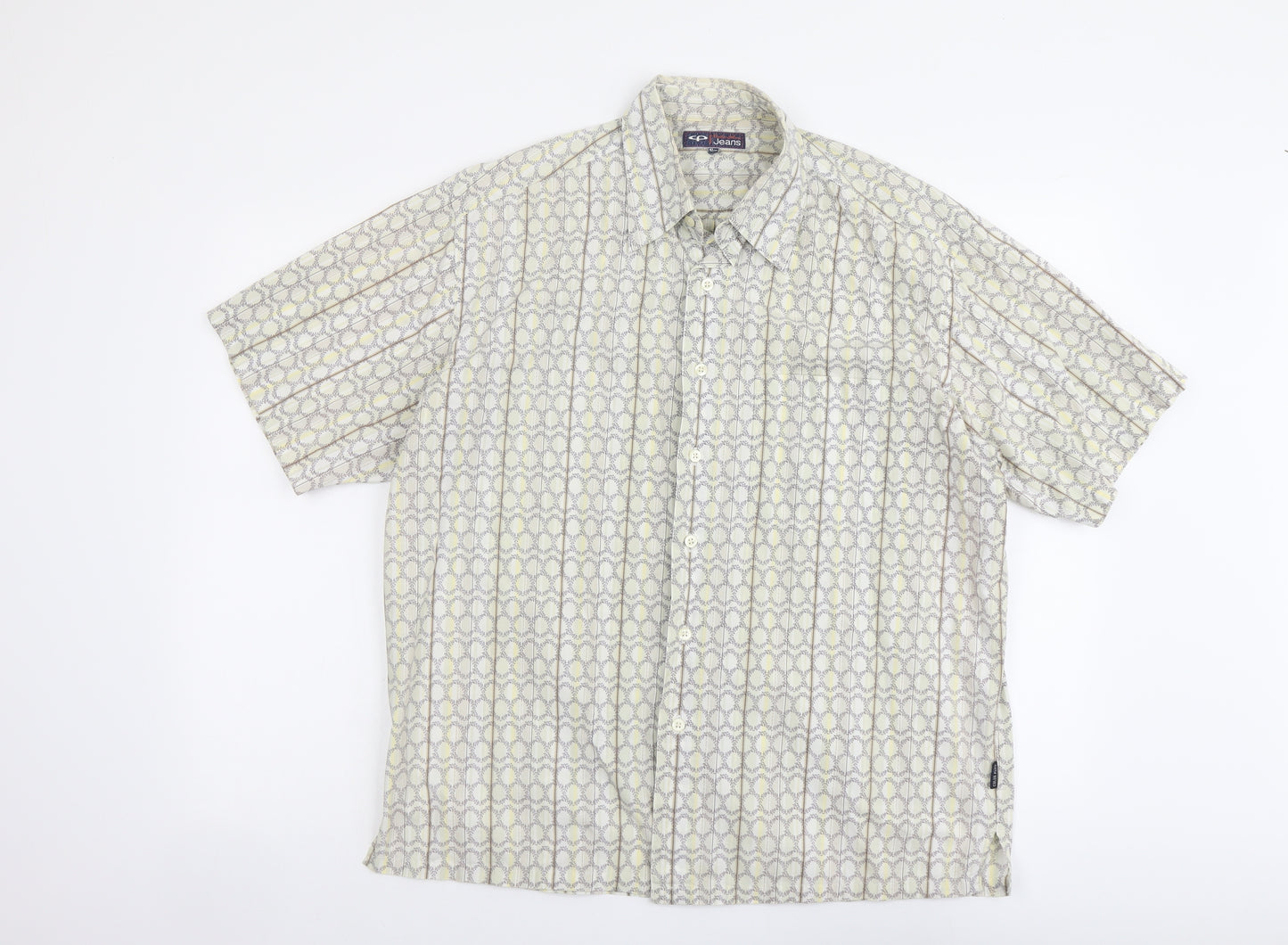 Colon Plus Mens Beige Geometric Cotton Button-Up Size 17 Collared Button