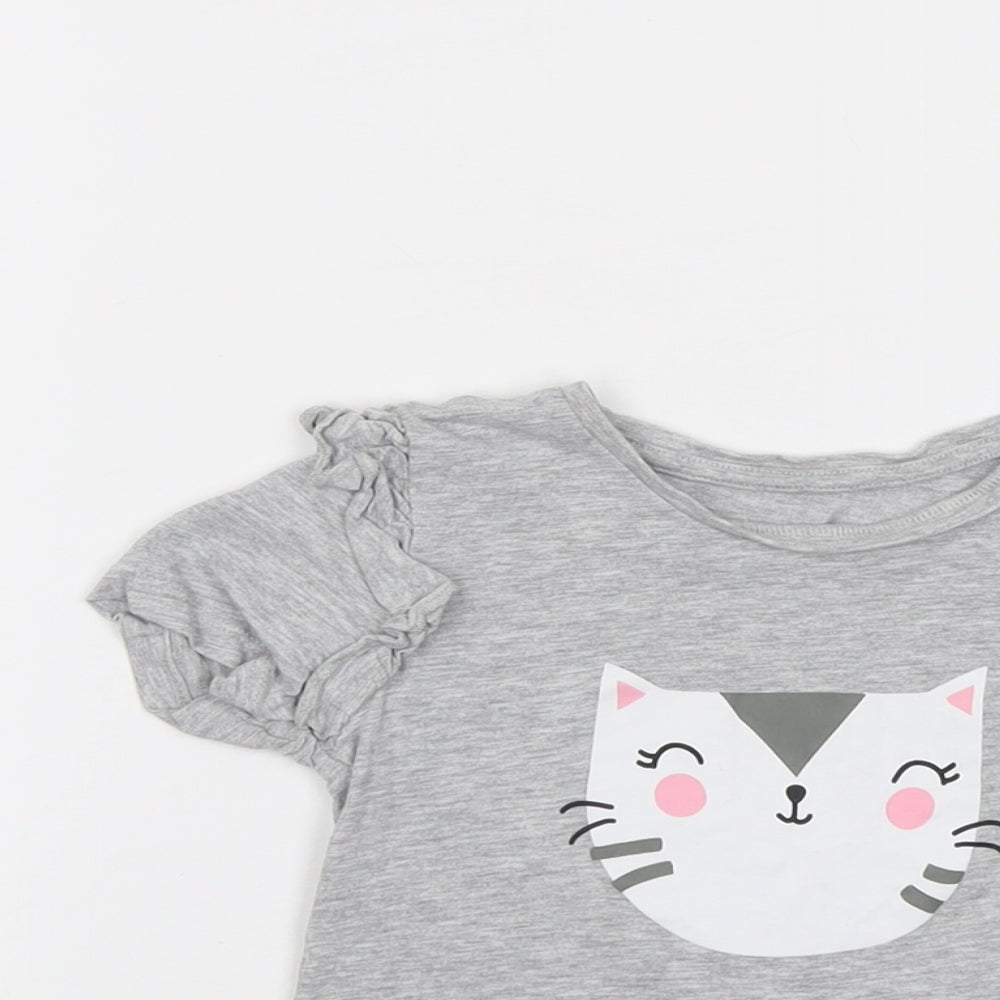 George Girls Grey Cotton Basic T-Shirt Size 4-5 Years Round Neck Pullover - Cat