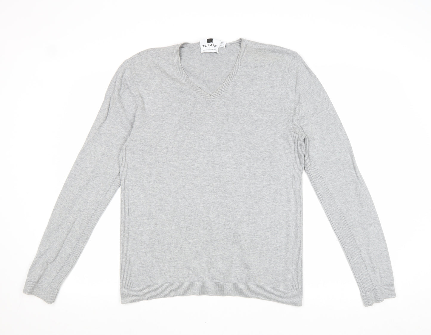 Topman Mens Grey V-Neck Acrylic Pullover Jumper Size L Long Sleeve