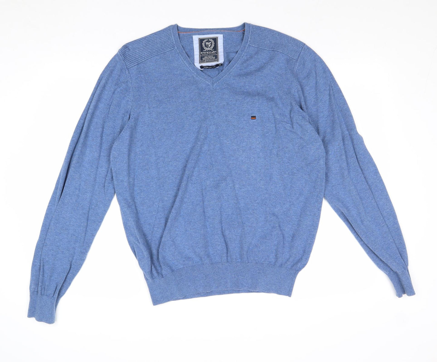 State of Art Mens Blue V-Neck Cotton Pullover Jumper Size XL Long Sleeve