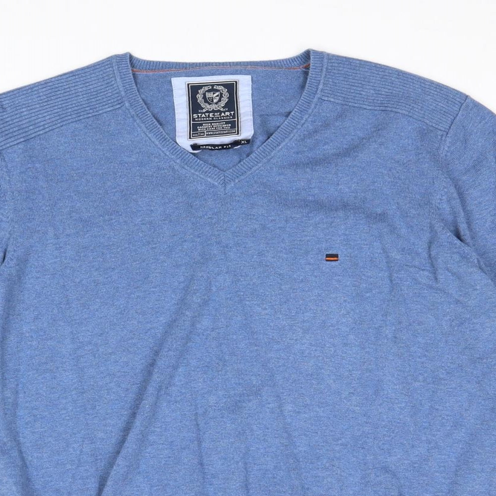State of Art Mens Blue V-Neck Cotton Pullover Jumper Size XL Long Sleeve