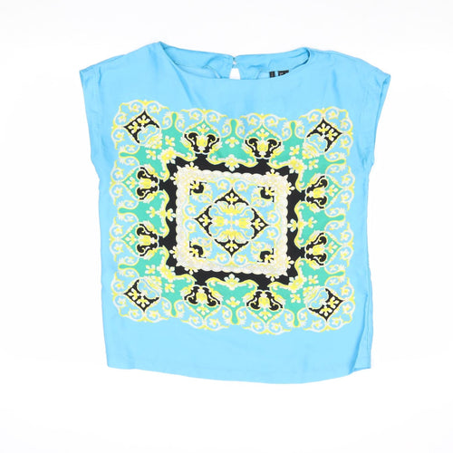 Mango Womens Blue Geometric Polyester Basic Blouse Size M Round Neck