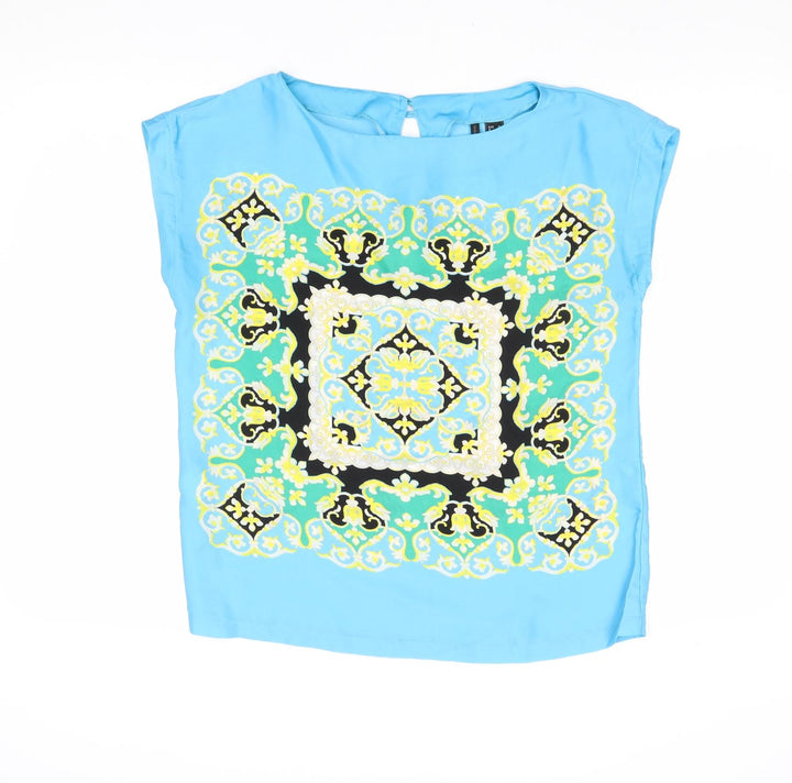 Mango Womens Blue Geometric Polyester Basic Blouse Size M Round Neck