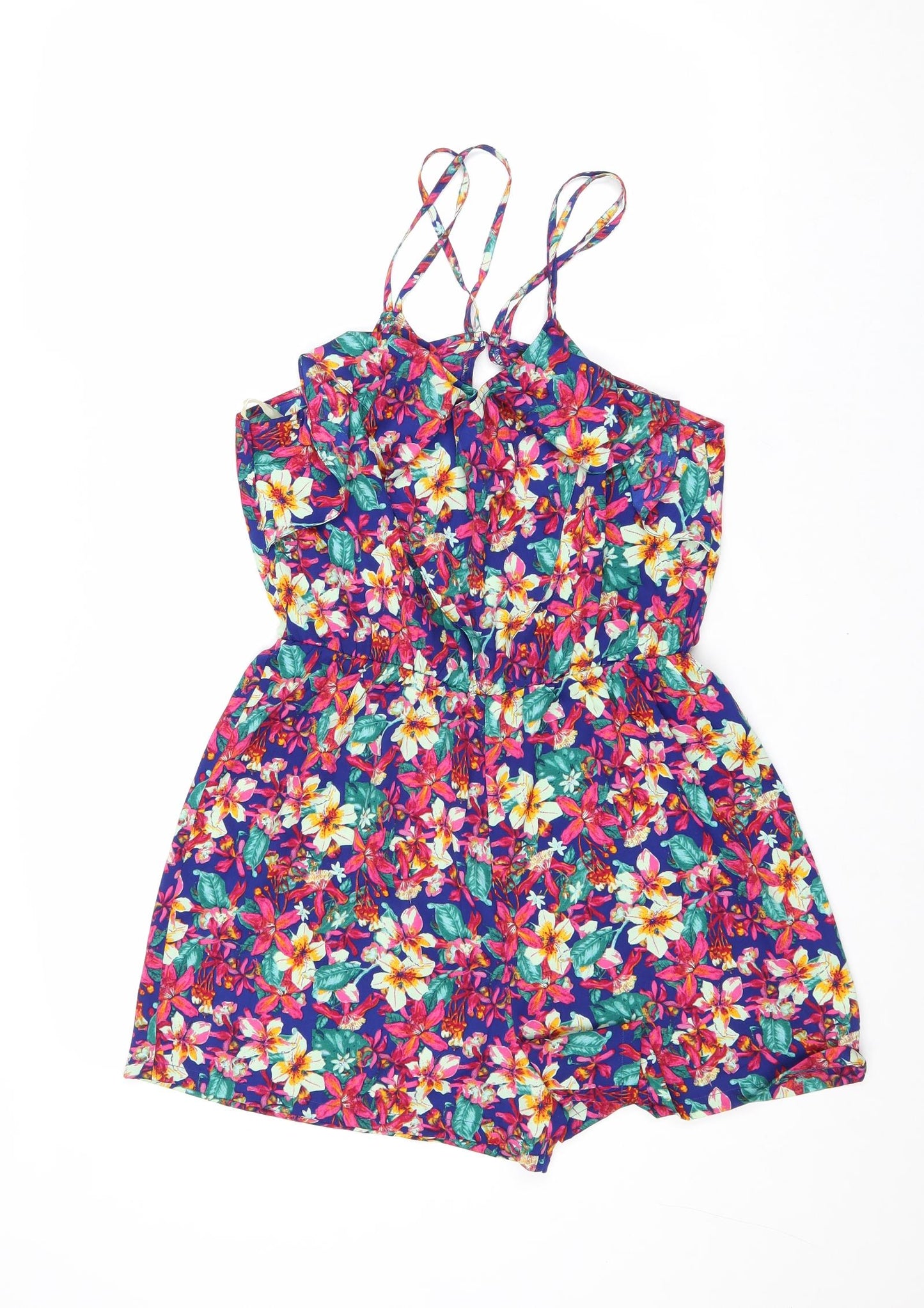 Preworn Womens Multicoloured Floral Polyester Playsuit One-Piece Size 10 Button