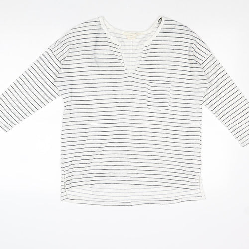 L.O.G.G Womens White V-Neck Striped Polyester Pullover Jumper Size M