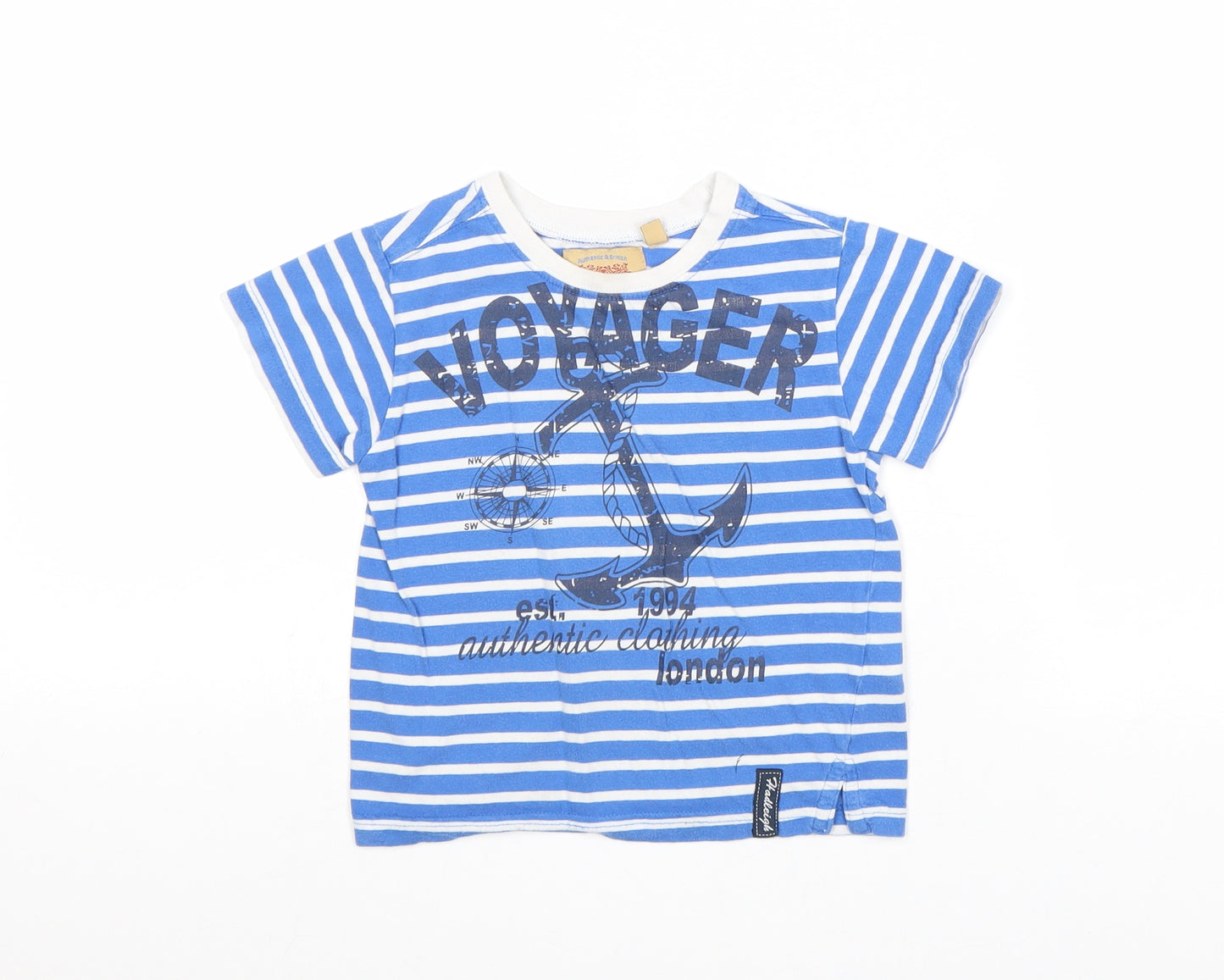Hadleigh London Boys Blue Striped 100% Cotton Basic T-Shirt Size 2-3 Years Round Neck Pullover - Voyager