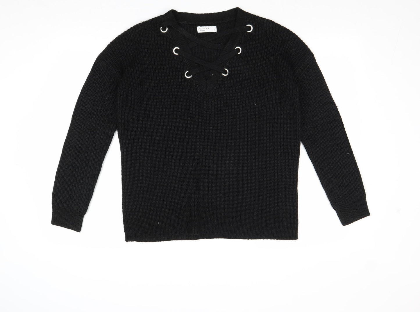 Papaya Womens Black V-Neck Acrylic Pullover Jumper Size S - Lace Up Detail