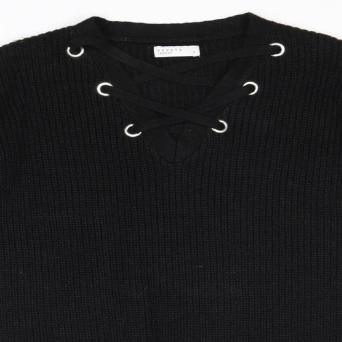 Papaya Womens Black V-Neck Acrylic Pullover Jumper Size S - Lace Up Detail