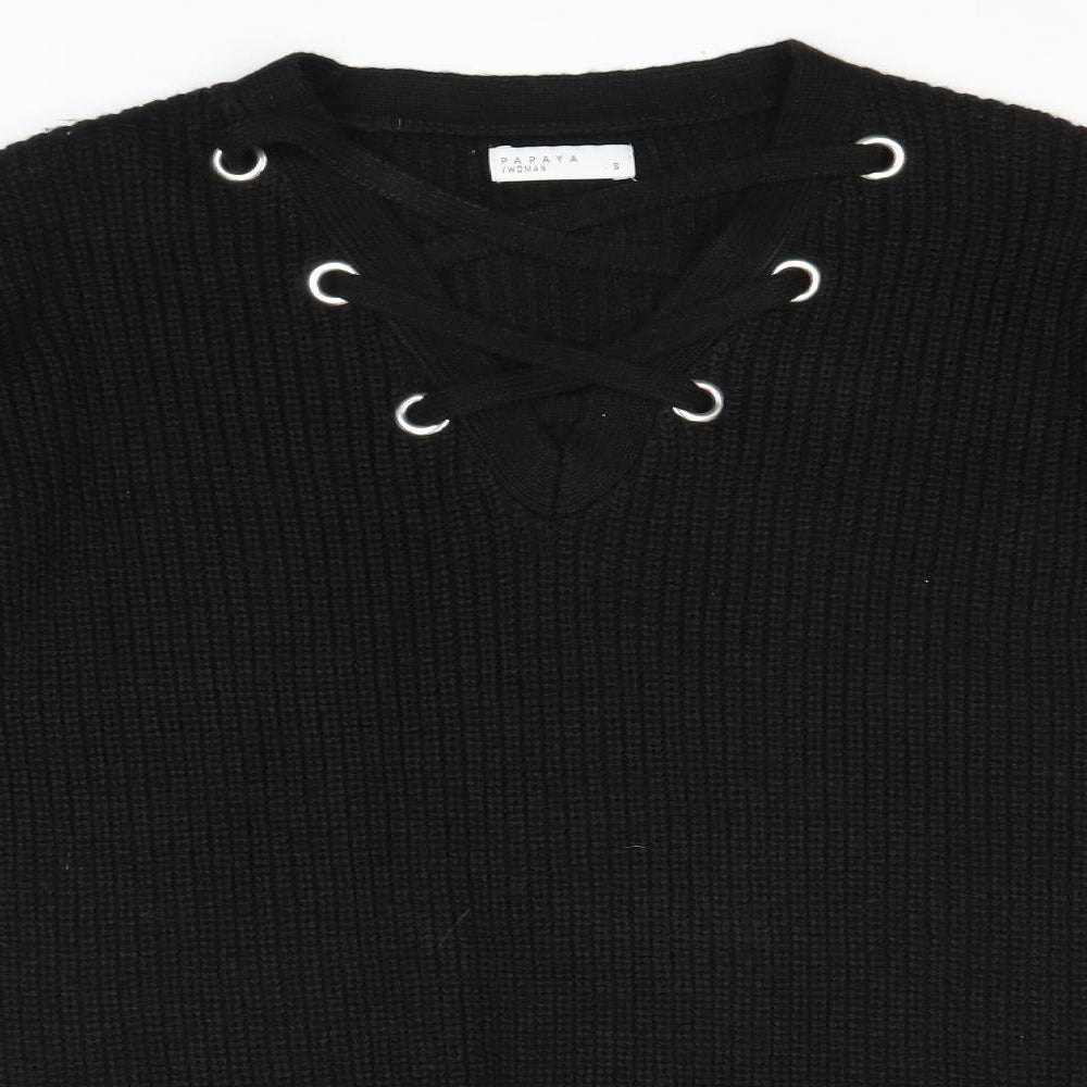 Papaya Womens Black V-Neck Acrylic Pullover Jumper Size S - Lace Up Detail