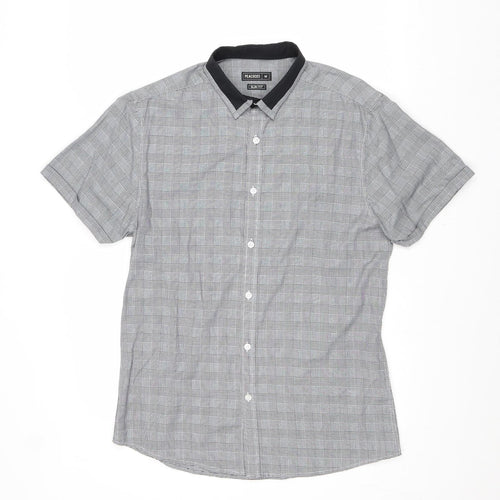 Peacocks Mens Black Check Polyester Dress Shirt Size M Collared Button