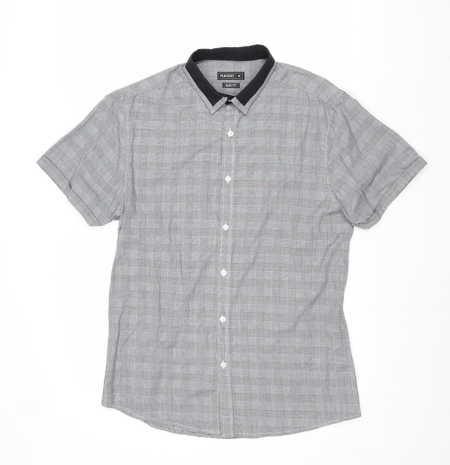 Peacocks Mens Black Check Polyester Dress Shirt Size M Collared Button