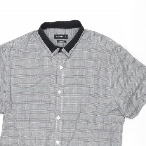Peacocks Mens Black Check Polyester Dress Shirt Size M Collared Button