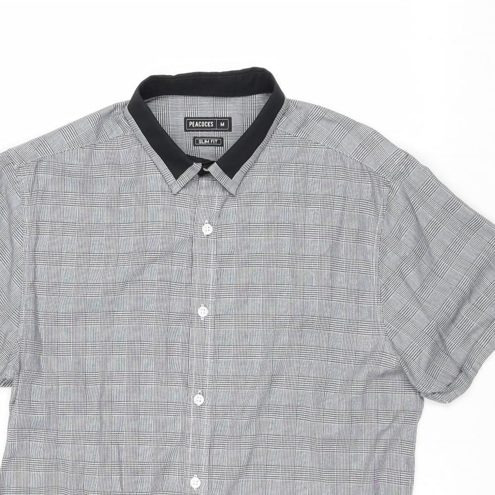 Peacocks Mens Black Check Polyester Dress Shirt Size M Collared Button