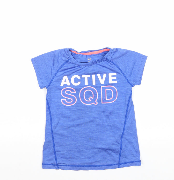 H&M Girls Blue Polyester Basic T-Shirt Size 7-8 Years Round Neck Pullover - Active Squad
