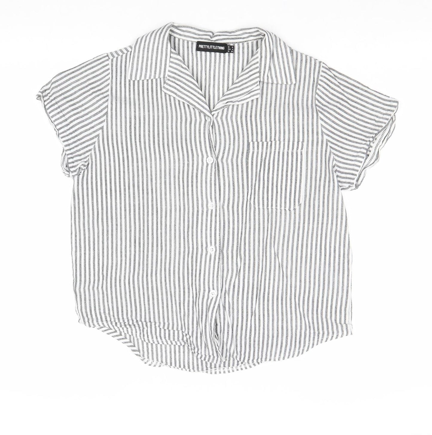 PRETTYLITTLETHING Womens Grey Striped 100% Cotton Basic Button-Up Size 8 Collared