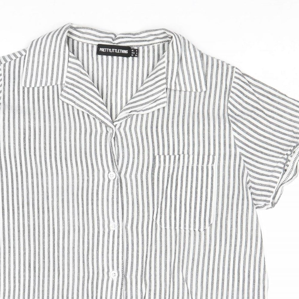PRETTYLITTLETHING Womens Grey Striped 100% Cotton Basic Button-Up Size 8 Collared