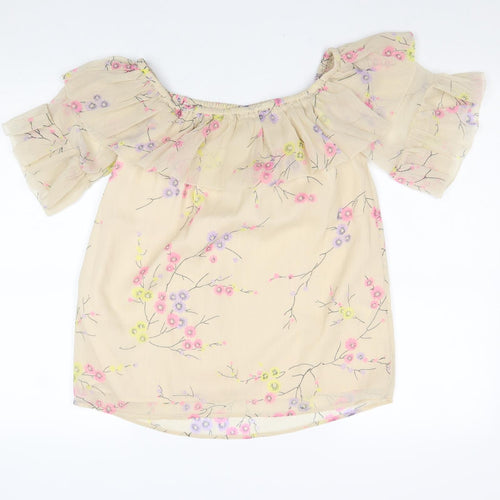 River Island Womens Beige Floral Polyester Basic Blouse Size 8 Boat Neck