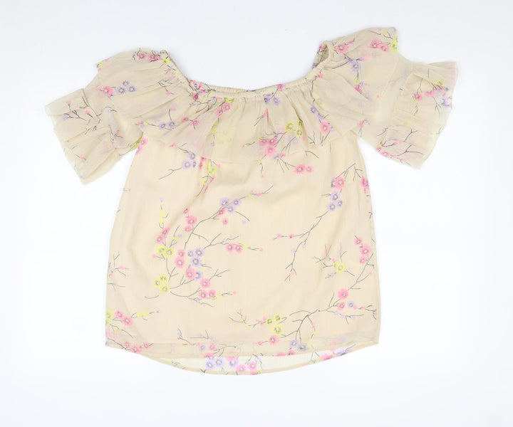 River Island Womens Beige Floral Polyester Basic Blouse Size 8 Boat Neck