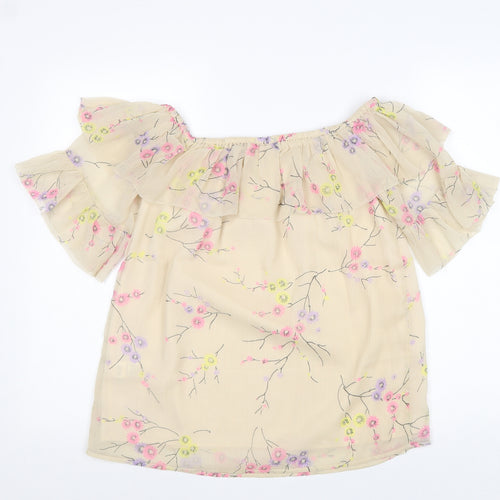 River Island Womens Beige Floral Polyester Basic Blouse Size 8 Boat Neck